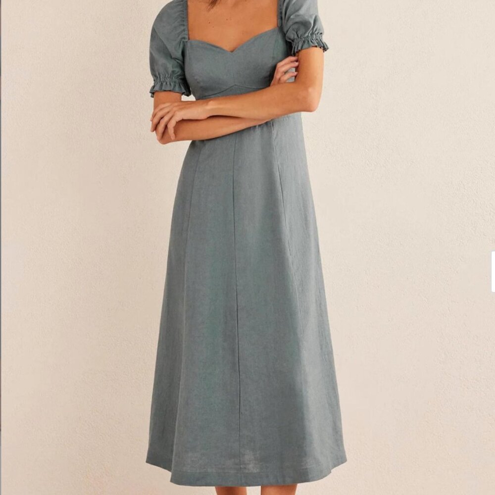 BODEN Robin's Egg Blue/Gray Puff Sleeve Sweetheart Neck Linen Midi Dress 12 P